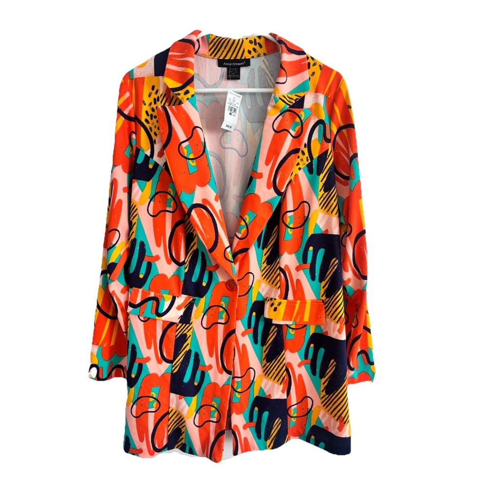 ASHLEY STEWART Geometric Colorful Printed Duster‎ Blazer Jacket Sz 14/16 NWT